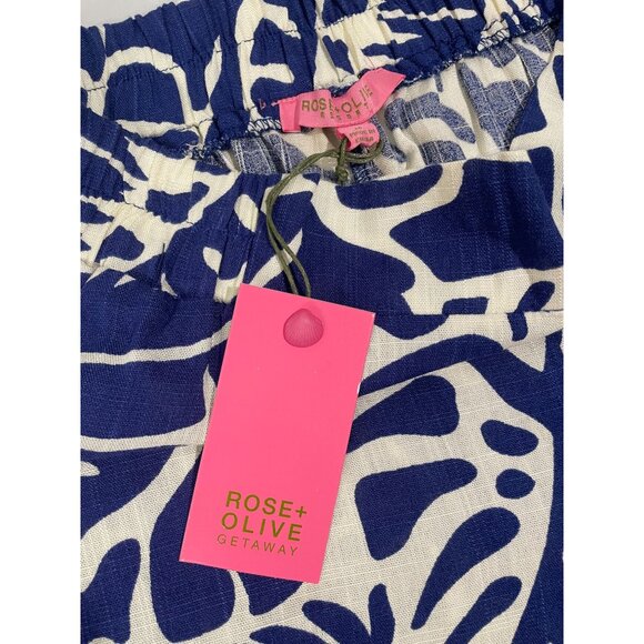 Rose + Olive Womens Elastic Waist Blue & White Tropical Print Wide-Leg Pants SzM - Picture 8 of 15